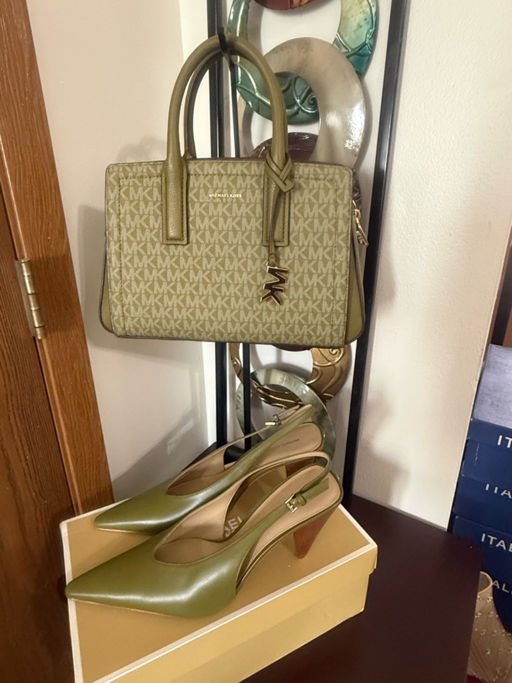 MICHAEL KORS PistachioGreen Pointed-Toe Slingback Heels with Wood-Tone Cone Heel - Picture 8 of 8